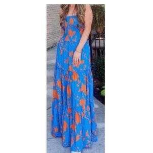 Vibrant Blue and Orange Strapless Maxi Dress